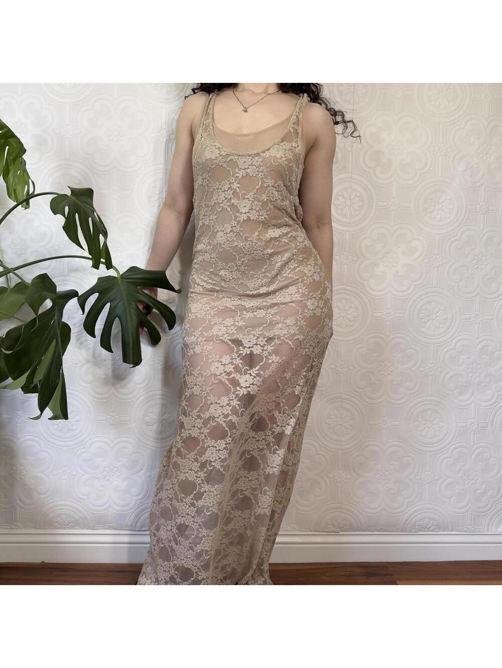 Y2k See You Monday Sheer Beige Nude Lace Slip Maxi Dress Lined Size Small